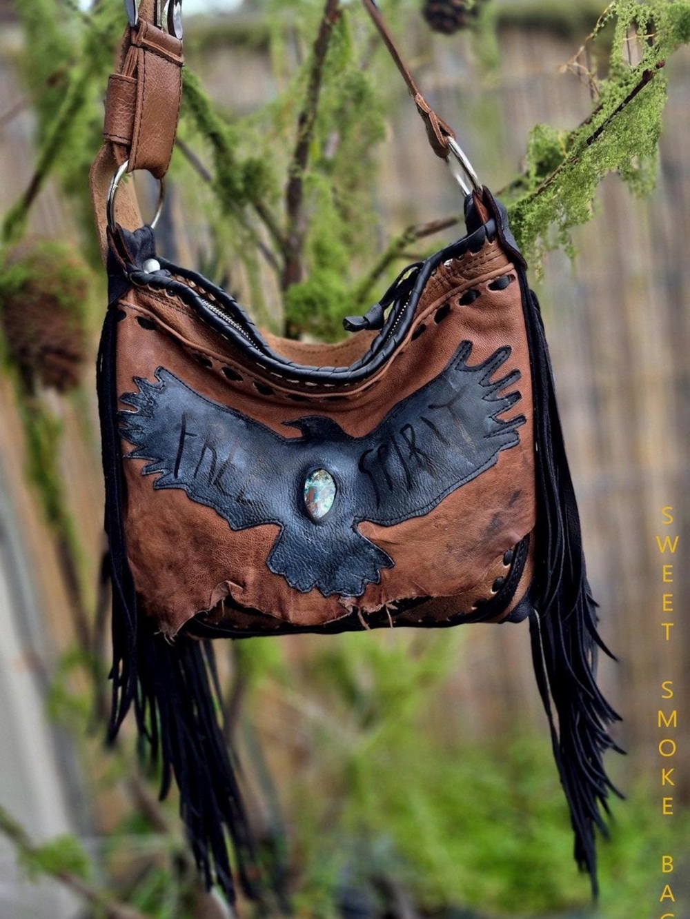 Handcrafted Brown Leather Fringe Shoulder Bag with Black crow  Motif